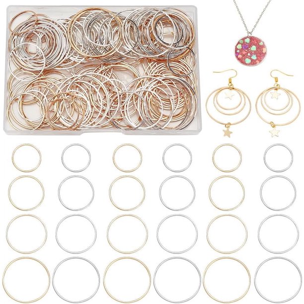 160 colgantes redondos con marco hueco, 4 tamaños, de latón, con bisel abierto, anillos circulares de latón para hacer aretes y manualidades con resina UV, dorados y plateados.