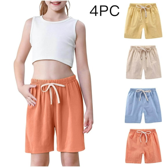 ITSAME Kids Girls Casual Shorts, Lightweight Elastic Waist Cotton Linen Summer Fashion Active Shorts 4-Pack Yellow 4T