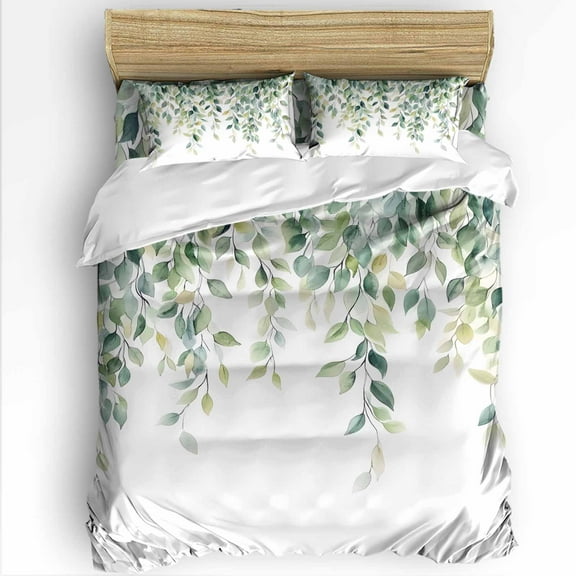 Sage Green Leaf Queen Size Comforter Set, Eucalyptus Leaves Spring Watercolor Plant Soft Bedding for All Seasons, 4 Pcs Bed Set with 1Comforter (90"x92") ,1 Sheet(94"x116"), 2 Pillowcases (19"x29")