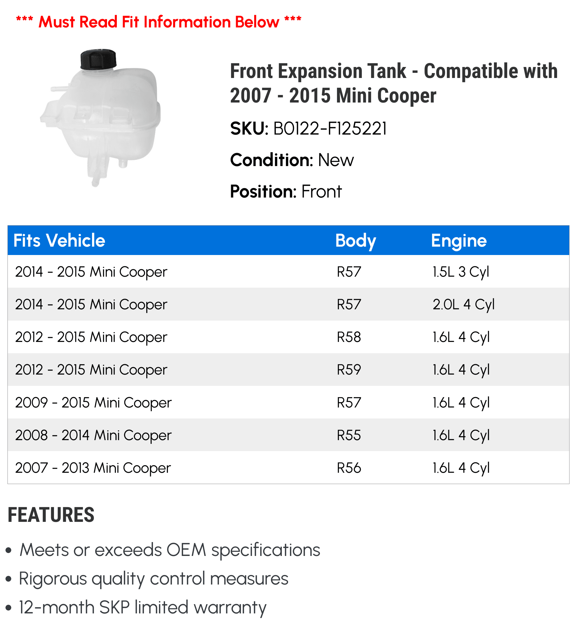 Front Expansion Tank - Compatible with 2007 - 2015 Mini Cooper 2008 2009 2010 2011 2012 2013 2014