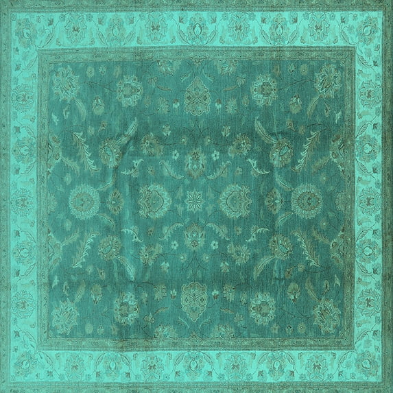 Ahgly Company Machine Washable Indoor Square Oriental Turquoise Blue Traditional Area Rugs, 8' Square