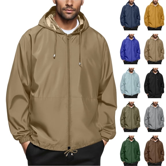 Seffadzy Men's Jacket Raincoat Windbreaker Running Waterproof Lightweight Packable with Hood Travel Hiking Cycling Khaki 3XL