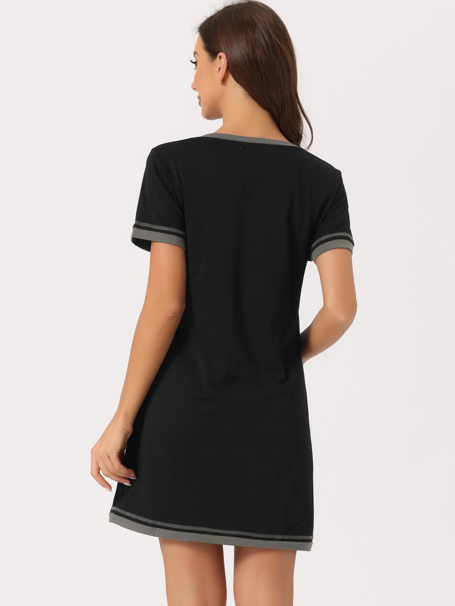 DARING DIVA Women's Short Sleeve V Neck Contrast Color Nightgown Sleepdress M Black