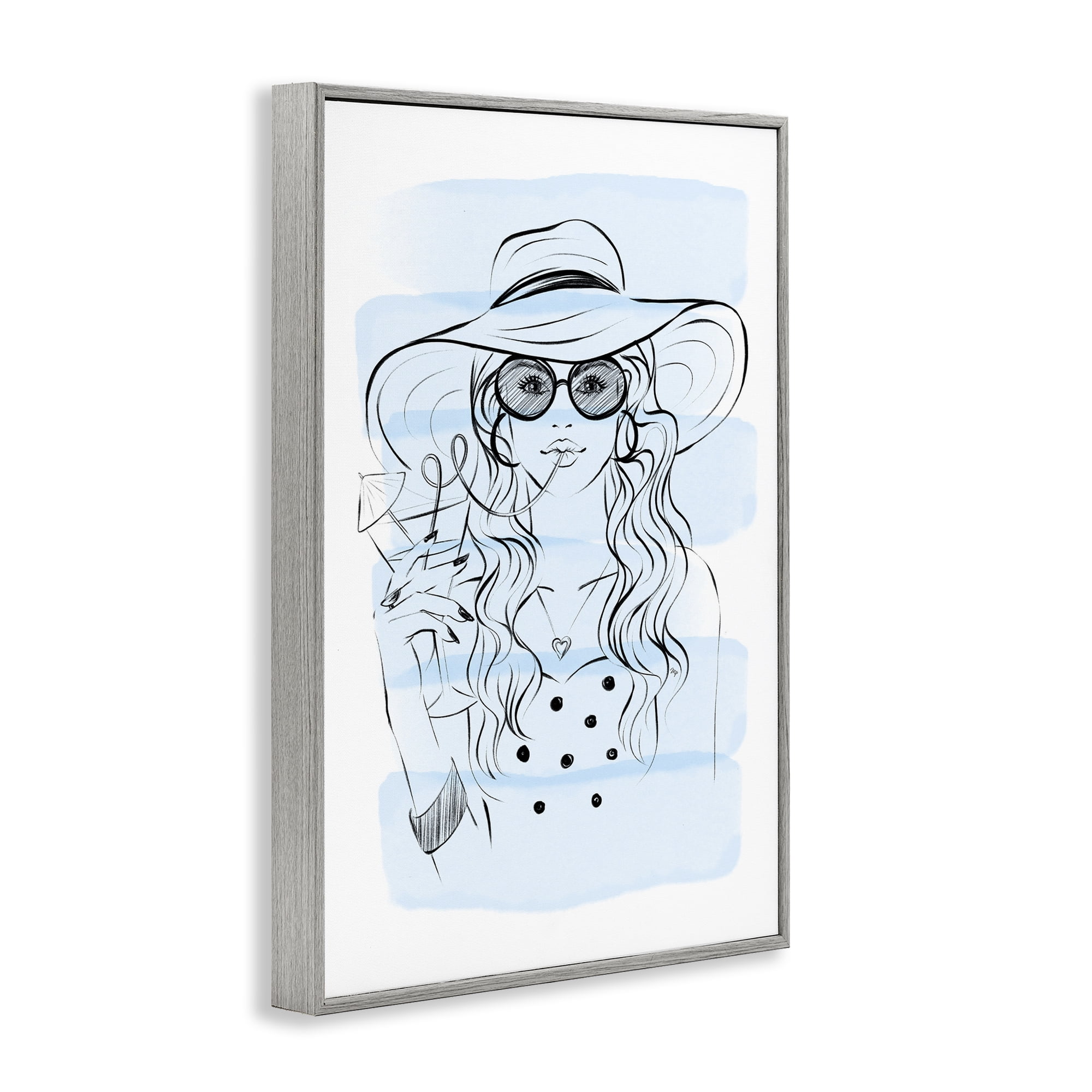 Stupell Industries Sipping Drink Girl in Sun Hat Gray Framed Giclee Art, design by Martina Pavlova
