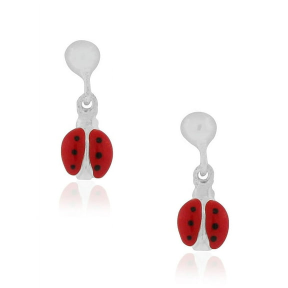 925 Sterling Silver Red Enamel Ladybug Dangle Drop Earrings, 0.65"