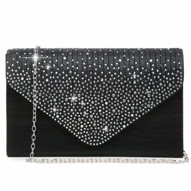 (00041074- Black) - Women's Evening Bag Envelope Rhinestone Party Prom Clutch Handbag Wedding Purse Shoulder Bag