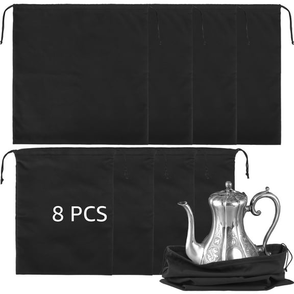 8 PCS Silverware Storage Bags, Drawstring Black Velvet Silver Pouch, 18 x 18 in, 9 x 12 in Anti-Tarnish Silver Jewelry Organizer Keeper
