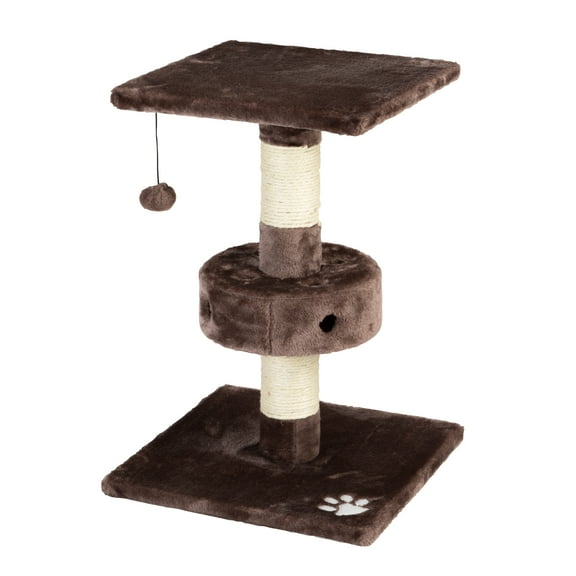 IRIS Plush Cat Perch with Dangling Toy and Peek-a-Boo Ball Game, Brown/Beige