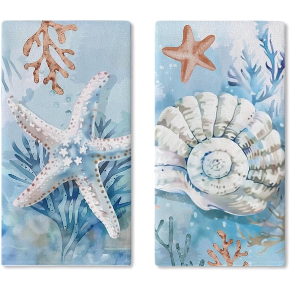 Summer Under The Sea Kitchen Dish Towels Set of 2, Coastal Ocean Starfish Coral Conch Drying Hand Towel Baking Cooking Cloth, Nautical Beach Bathroom Home Decoration 18'' x 26''