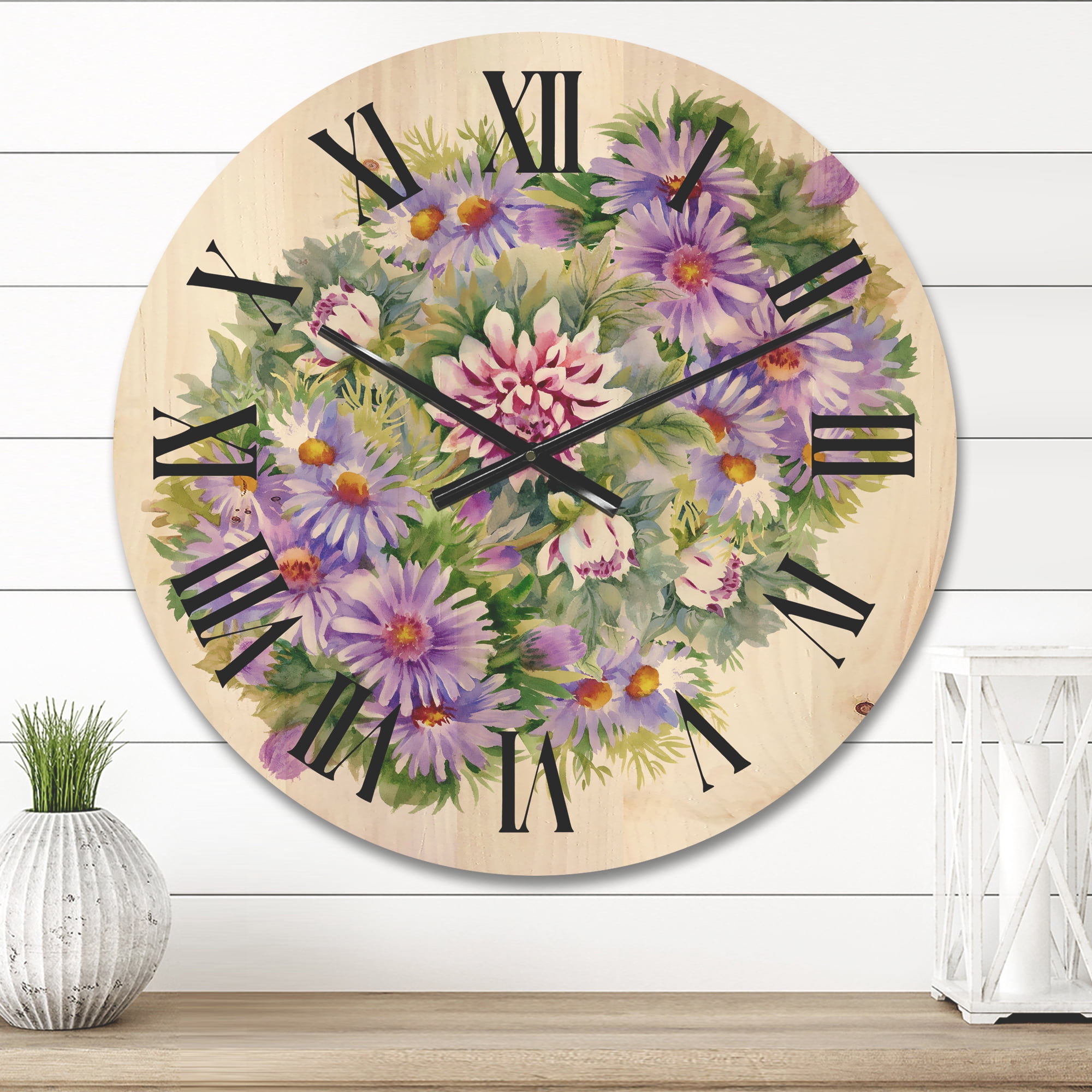 Designart 'Bouquet With Daisies and Purple Chrysanthemums' Traditional Wood Wall Clock