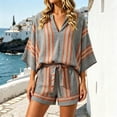 thumbnail image 2 of DHFJKG Linen Sets For Women 2 Piece V Neck Half Sleeve Striped Tees And Shorts Set Summer Outfits Beach Vacation Clothes, 2 of 6
