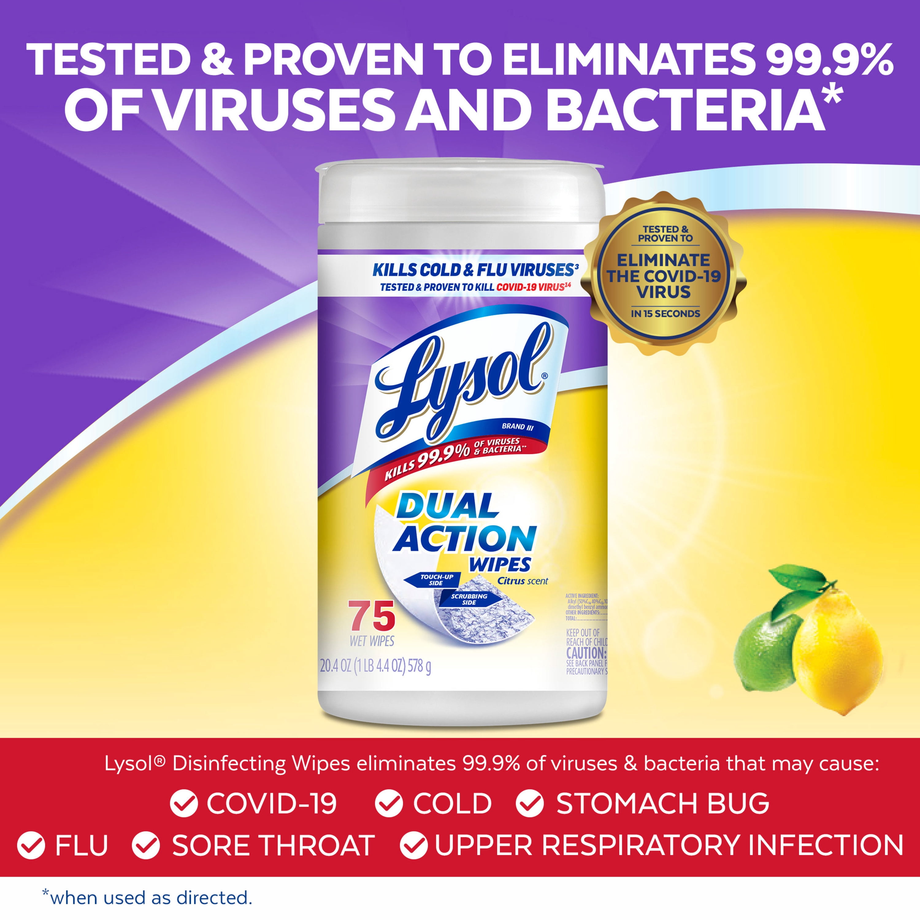 (2 pack) Lysol Dual Action Disinfectant Wipes, Multi-Surface Antibacterial Scrubbing Wipes, For Disinfecting and Cleaning, Citrus Scent, 75 Count