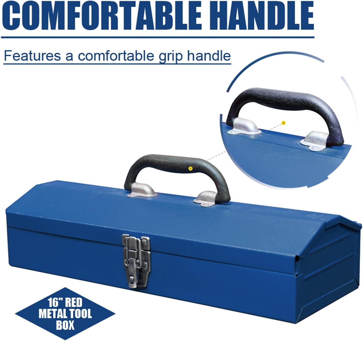 HPDMC Metal Tool Box - 16" Heavy Duty Steel Toolbox with Metal Latch - Portable Hip Roof Style Mechanic Tool Boxes for car, truck, tractor, house use, Blue
