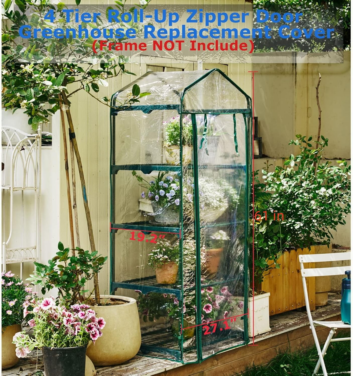 4-Tier Greenhouse Replacement Cover Clear PVC Greenhouse Replacement Cover with Roll-Up Zipper Door - 27" L x 19" W x 61" H (Cover Only)