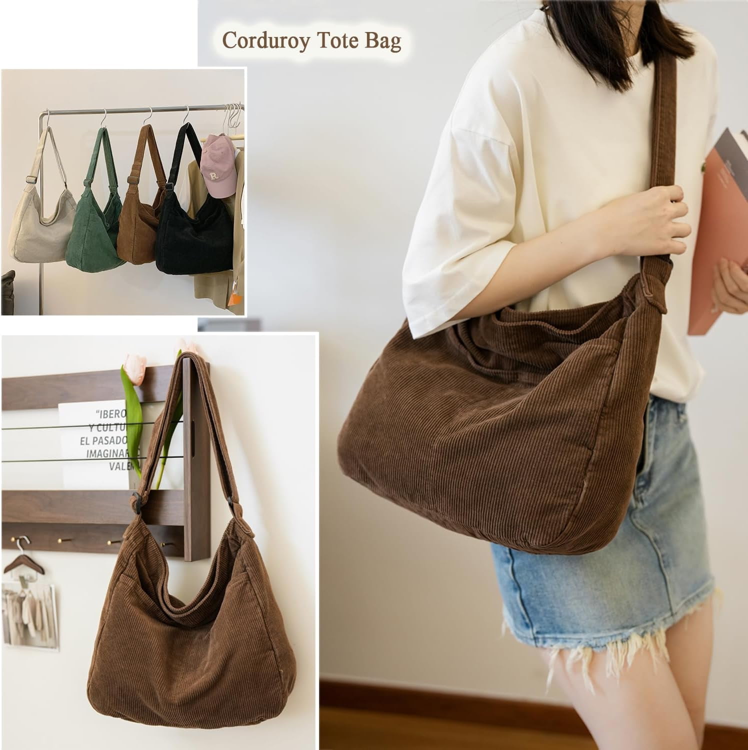 Lohol Canvas Tote Bag, Casual Hobo Crossbody Shoulder Bag for Women and Men, Large Purse for Travel and Work-Brown