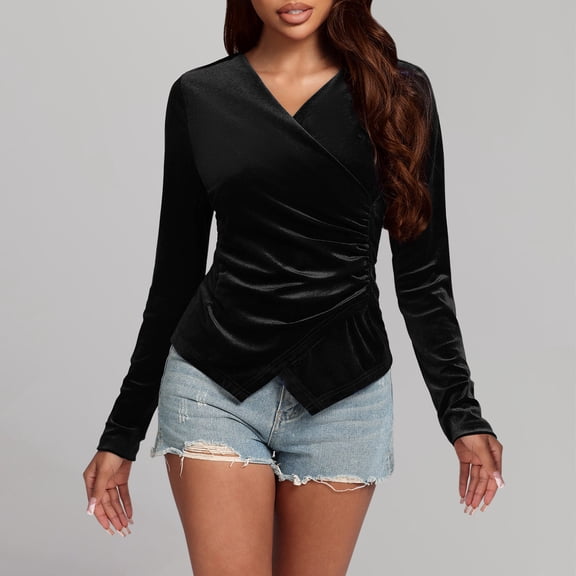 Qulqfy Casual Tops for Women Long Sleeve Fitted Velvet Asymmetrical Black Shirts Elegant V Neck Blouses Spring Tops for Women L
