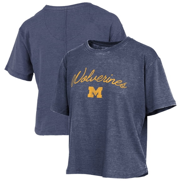Women's Pressbox  Navy Michigan Wolverines Vintage Waist Length Script Over Logo T-Shirt
