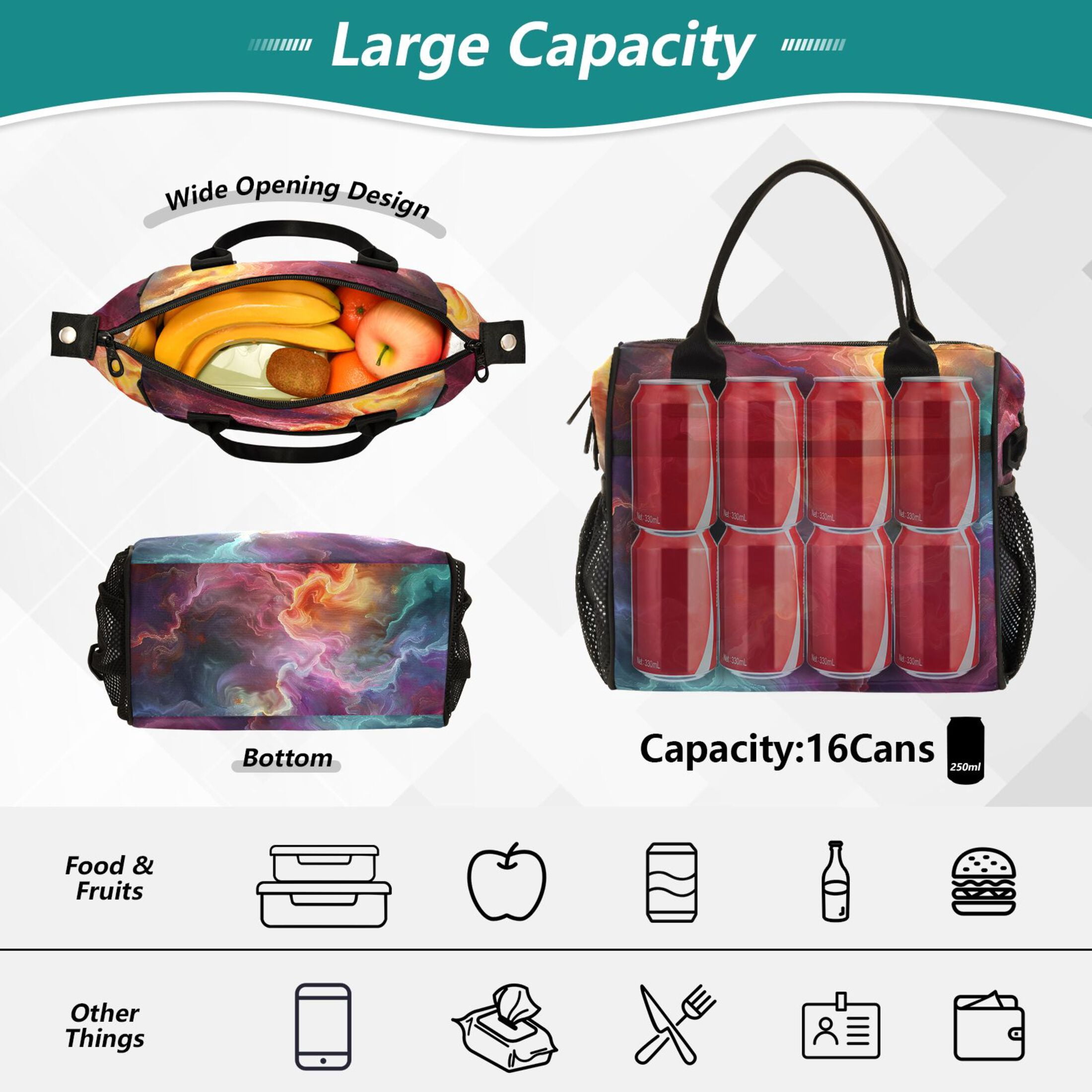 Lunch Bag Insulated Lunch Box Leakproof Reusable Cooler Tote Adjustable Shoulder Strap for Men Women Colorful Nebulae Mixture 9L