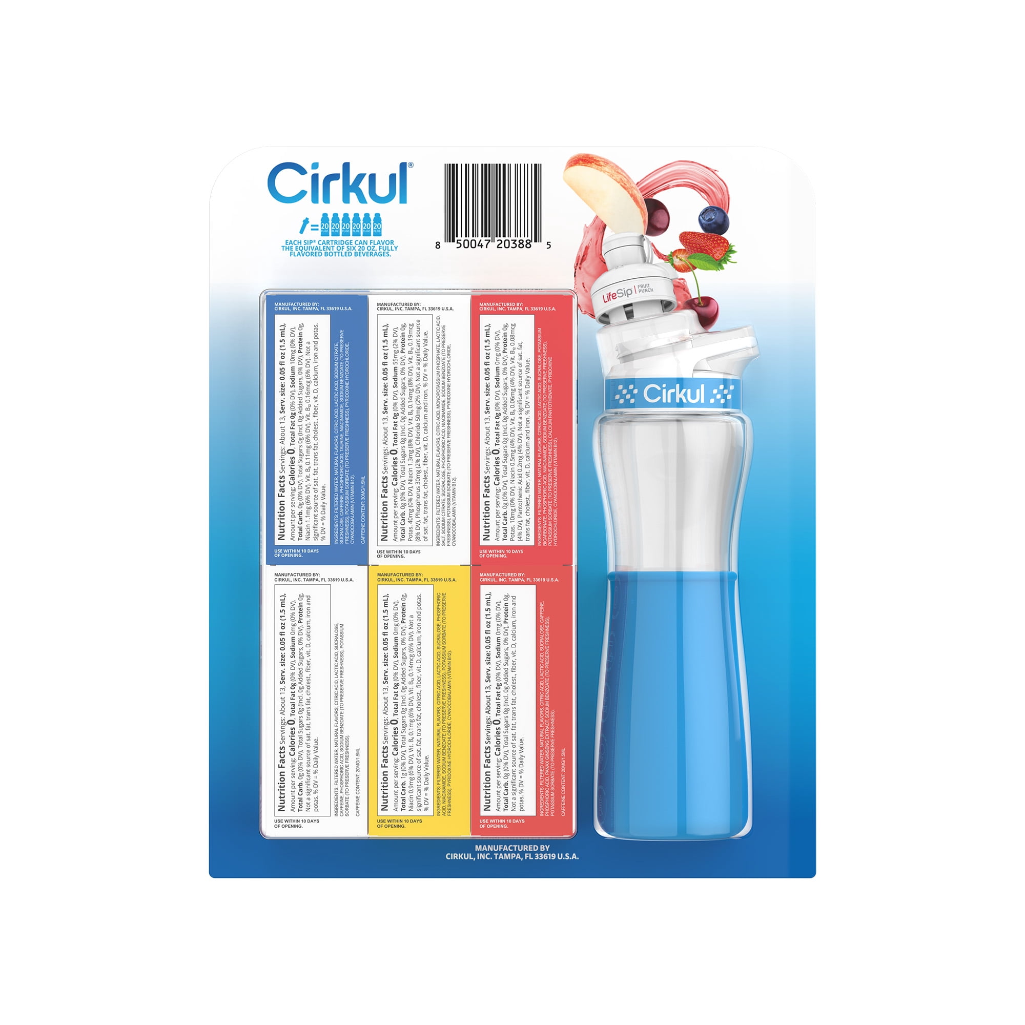 Cirkul 22 fl oz Plastic Bottle and Blue Chill Sleeve Value Pack with 6 Flavor Cartridges