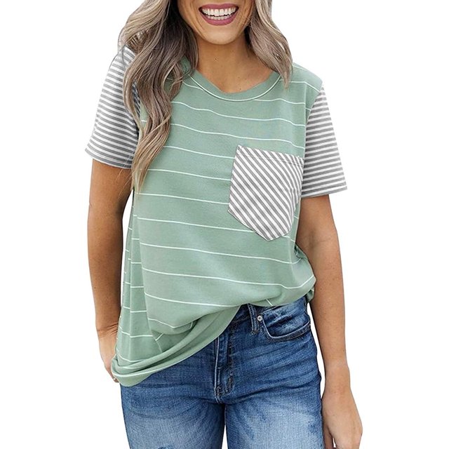 Blouses T-Shirts Décontractées à Manches Courtes à Blocs de Couleur Rayés pour Femmes