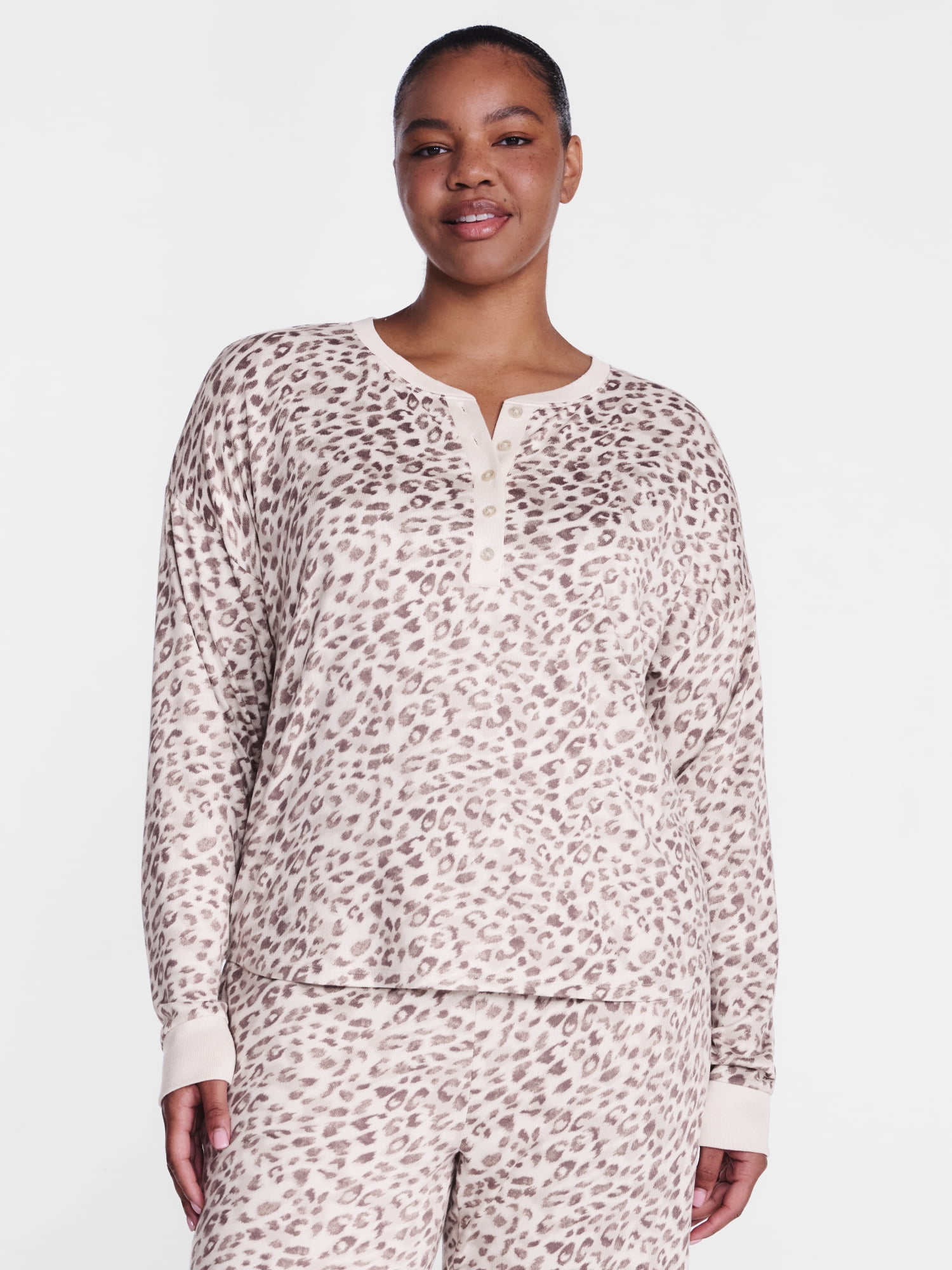 Joyspun Women's Cozy Lounge Collection Hacci Long Sleeve Henley Sleep Top, Sizes XS to 3X