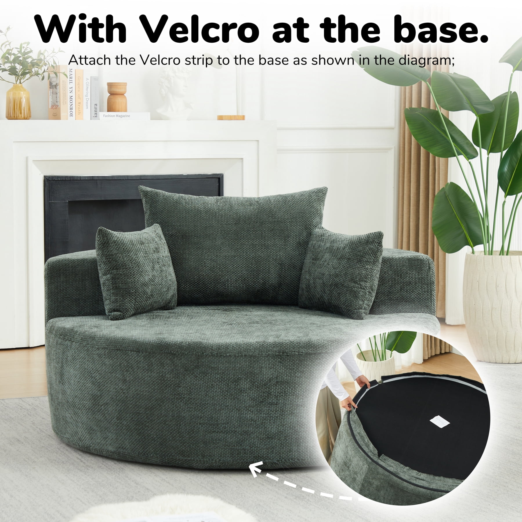 Leumius 55'' Oversized Round Chaise Longue Chair,Upholstered Chenille Single Cloud Circle Sofa Chair with Deep Seat,Fluffy Modern Sleeper Sofa Bed for Reading,Living Room,Bedroom,