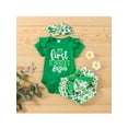 thumbnail image 3 of Musuos Infant Baby Girls 3 Pieces Outfit, 3 6 12 18M Letter Print Ruffles Short Sleeve Romper + Clover Print Shorts + Headband Set, 3 of 10