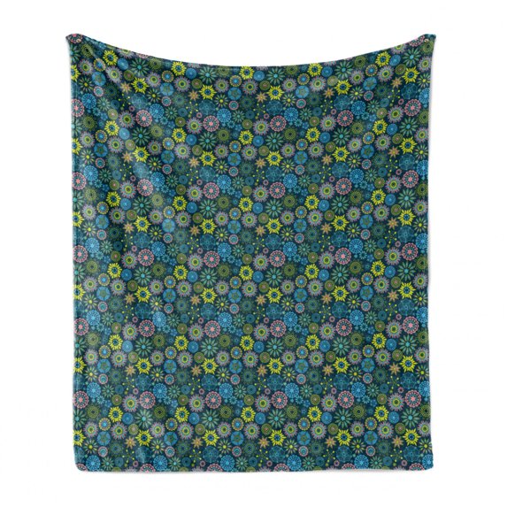 Floral Soft Flannel Fleece Throw Blanket, Flowers Ornate Snowflakes with Geometric Mandala Inspirations Print, Cozy Plush for Indoor and Outdoor Use, 50" x 70", Dark Teal and Multicolor, by Ambesonne