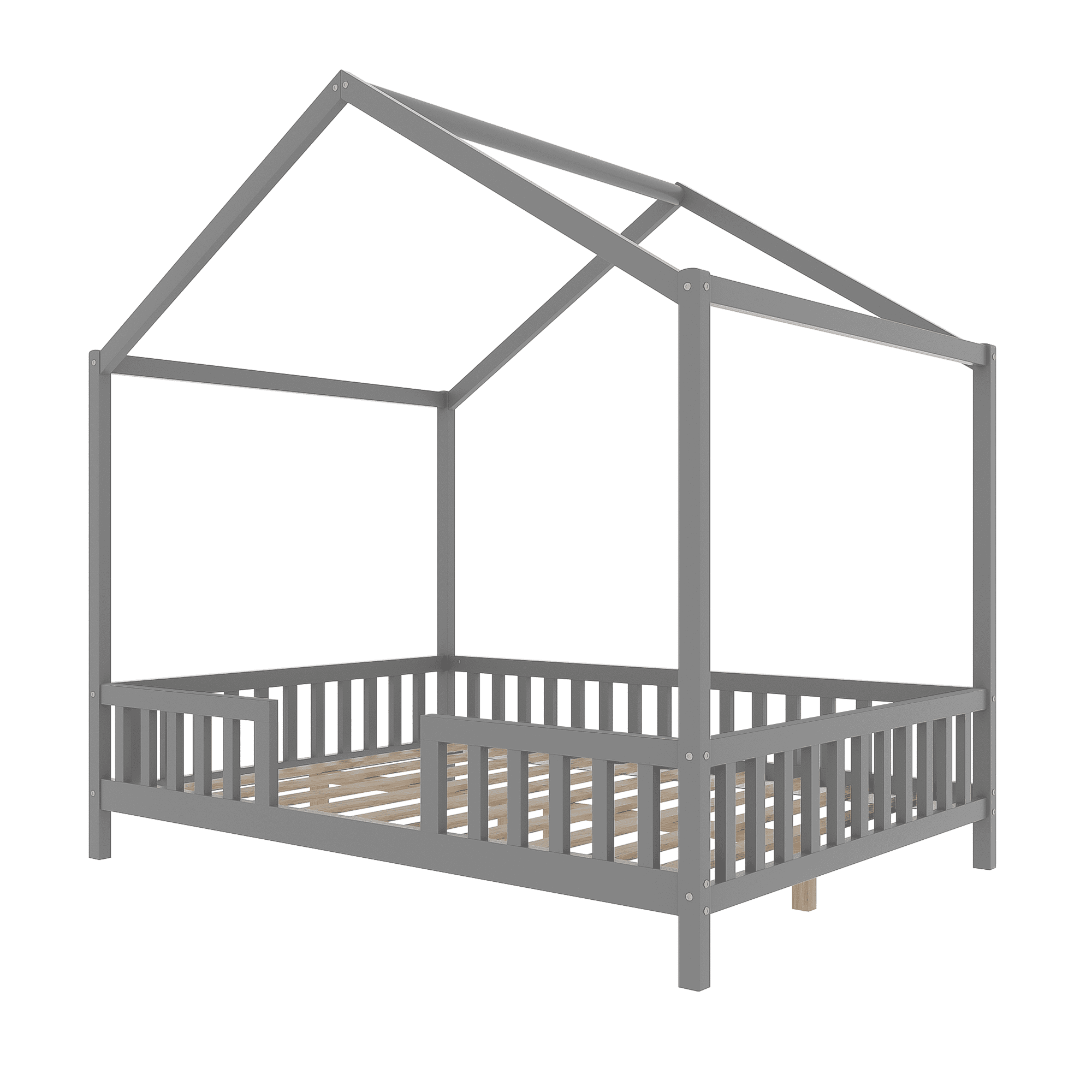 MODERNLUXE Full Size Montessori Floor Bed with Canopy,House Bed Frame with High Railings and Roof,Wood Tent Bed for Teens Girls & Boys,Grey
