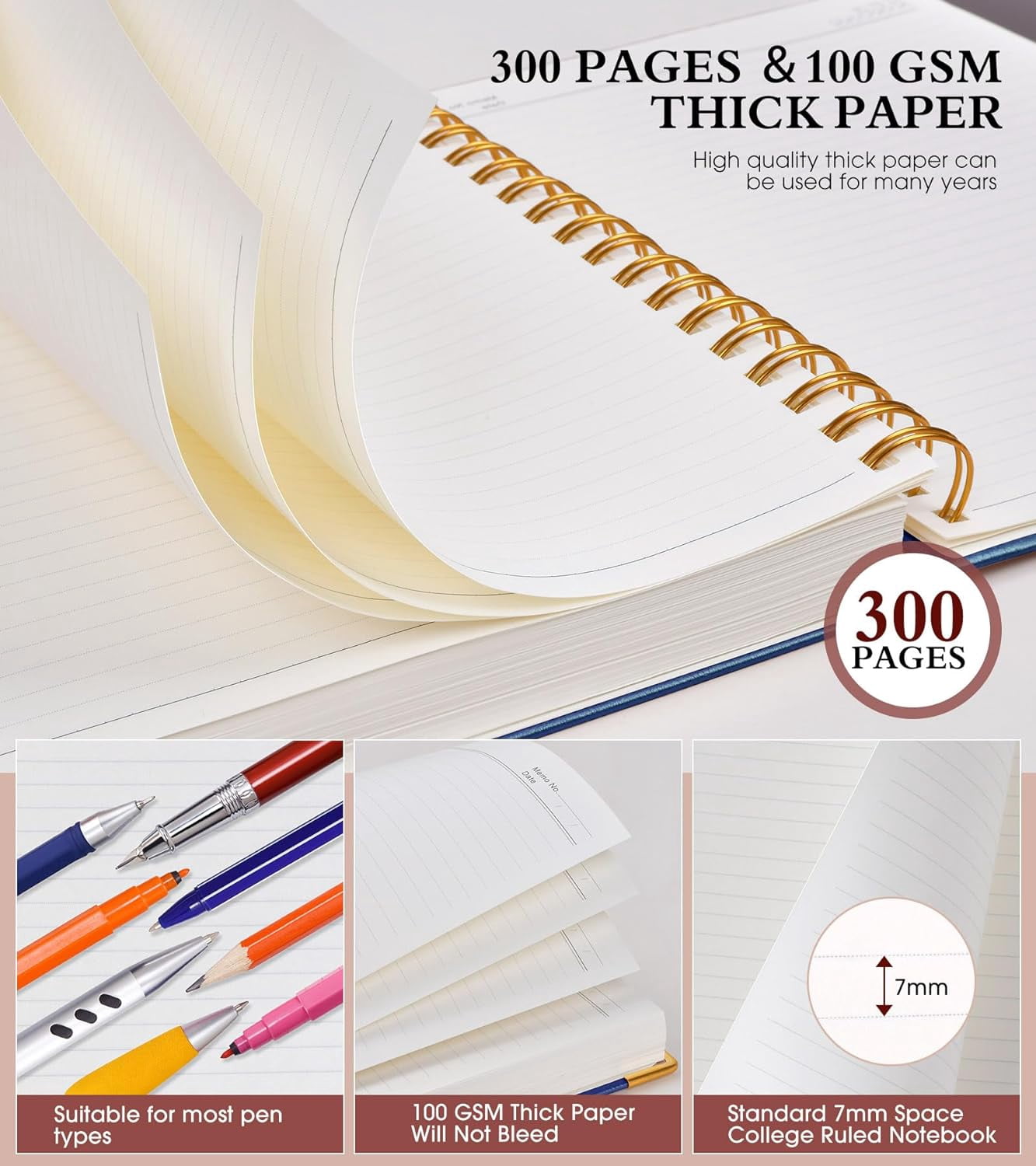5.75"×8.38" A5 Leather Hardcover Spiral Notebook, 300 Pages, 100GSM College Ruled Journal for School & Work, Navy