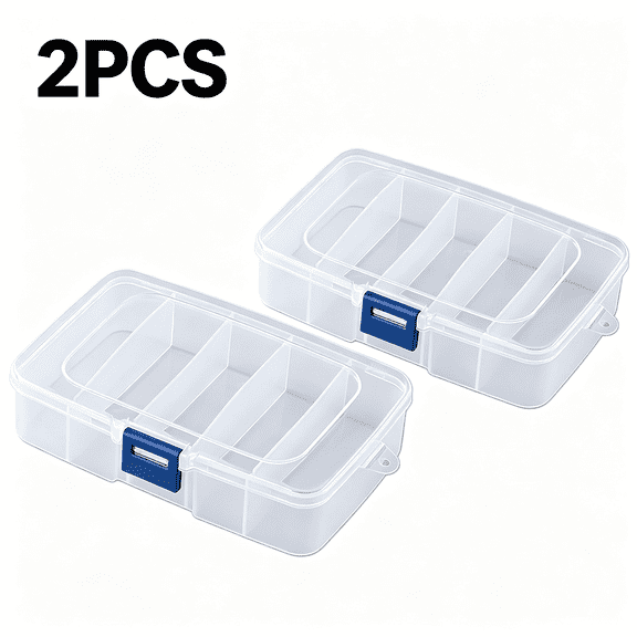 mirlewaiy 2 Pack Clear Plastic Compartment Storage Box, Snap‑Latch Divided Organizer Case for Fishing Tackle, Brushes, Jewelry & Small Craft Supplies