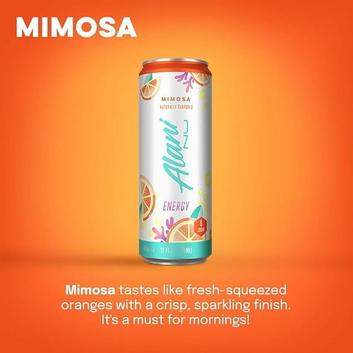 Alani Nu MIMOSA Sugar Free, Low Calorie Energy Drinks | 200mg Caffeine | Pre Workout Performance with Antioxidants | Biotin B Vitamins | Zero Sugar | 10 Calories | 12 Fl Oz Cans (12 Pack)