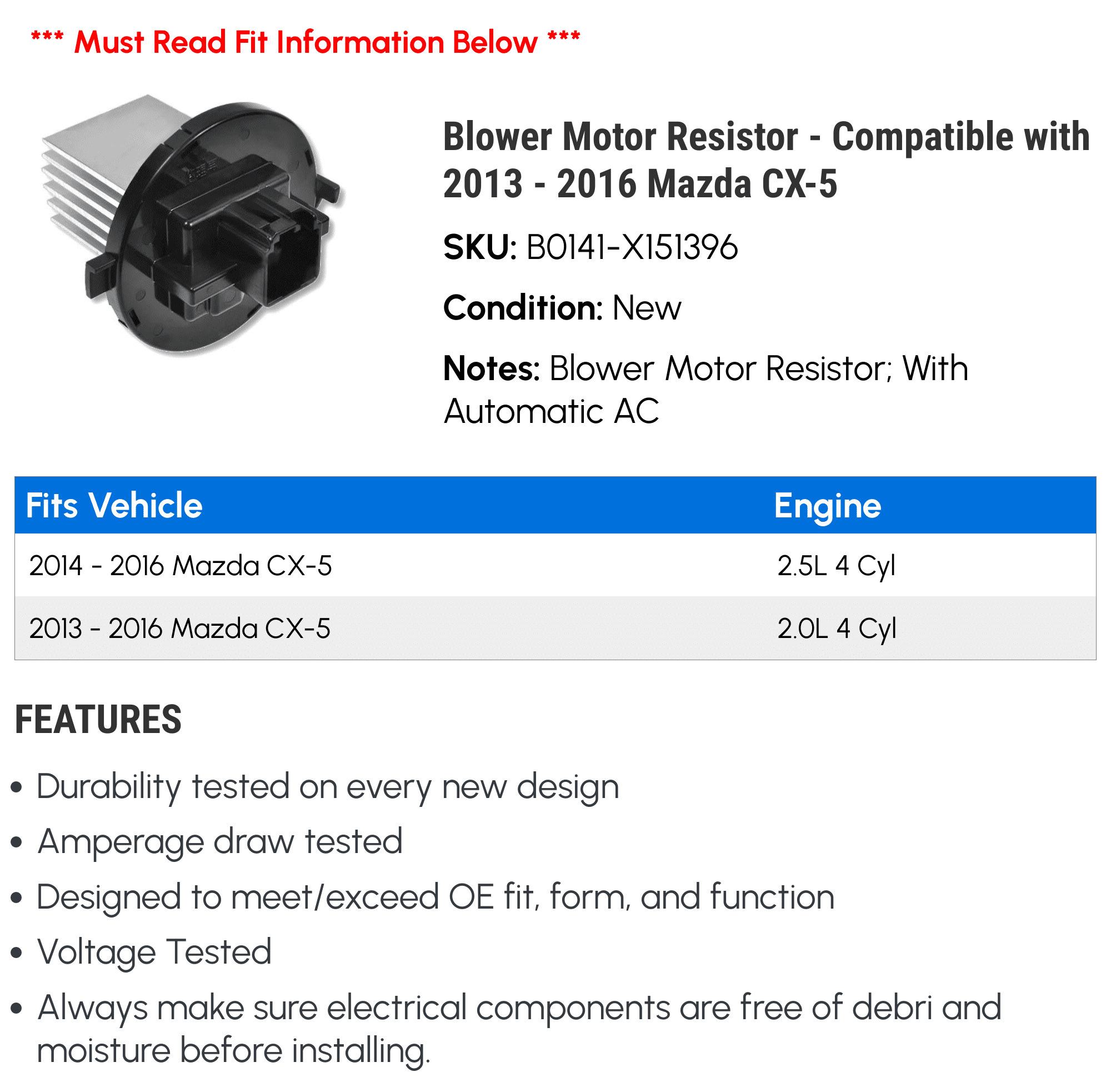 Blower Motor Resistor - Compatible with 2013 - 2016 Mazda CX-5 2014 2015
