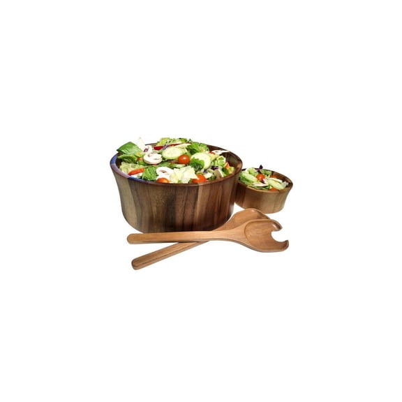 Acacia Wood Salad Bowl Set - 10 Inch Serving Bowl with Servers for FruitsSnacks