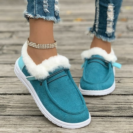 Winter Plush Shoes for Women Faux Fur Lined Warm Loafers Booties Casual Lace Up Comfoter Ankle Boots Fuzzy Slip On Canvas Shoes