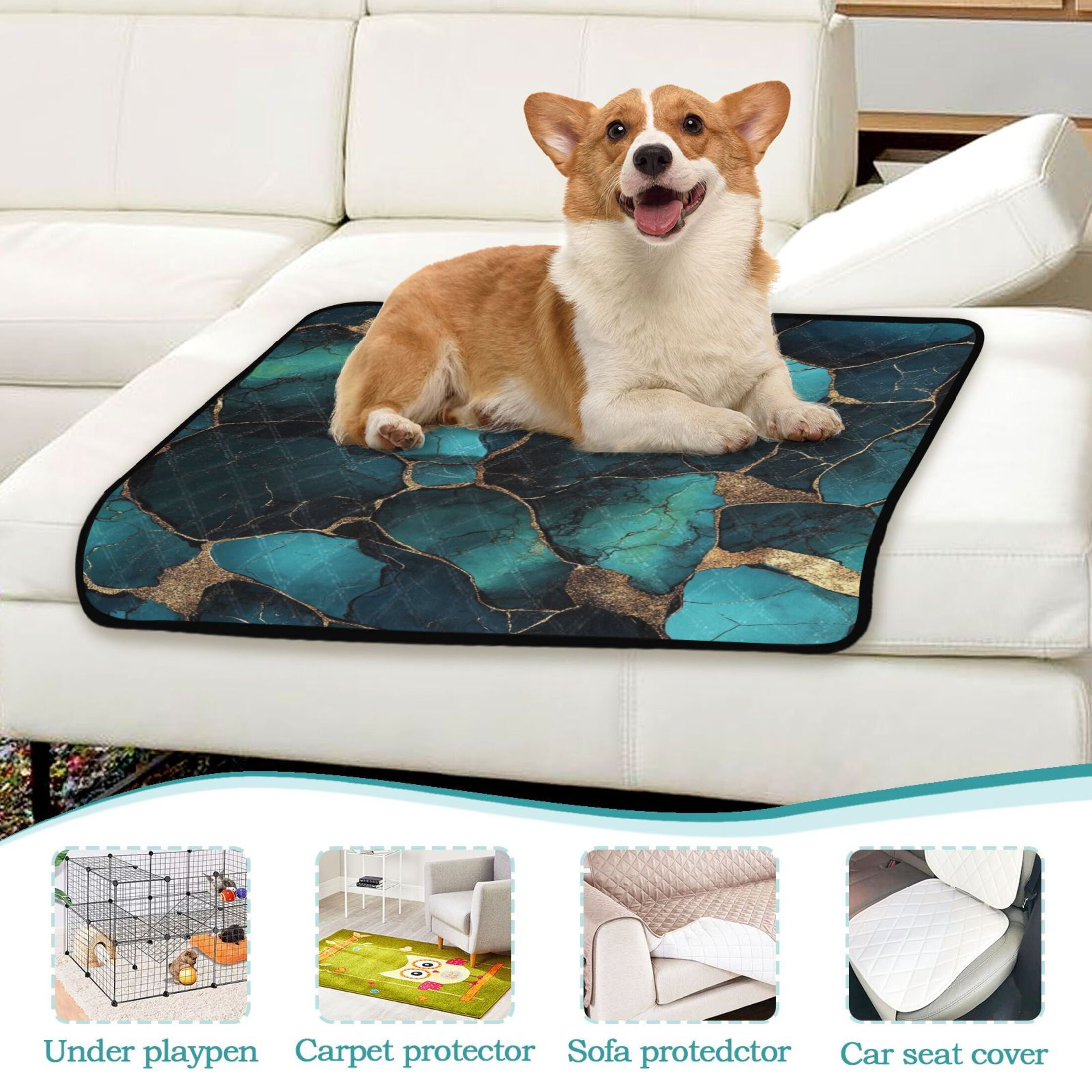 Qxltty Gild Dark Green Marble Cat litter Pads Pet Set of 2 Diaper Mats Center Anti-leakage Layer Absorbent Soft and Comfortable