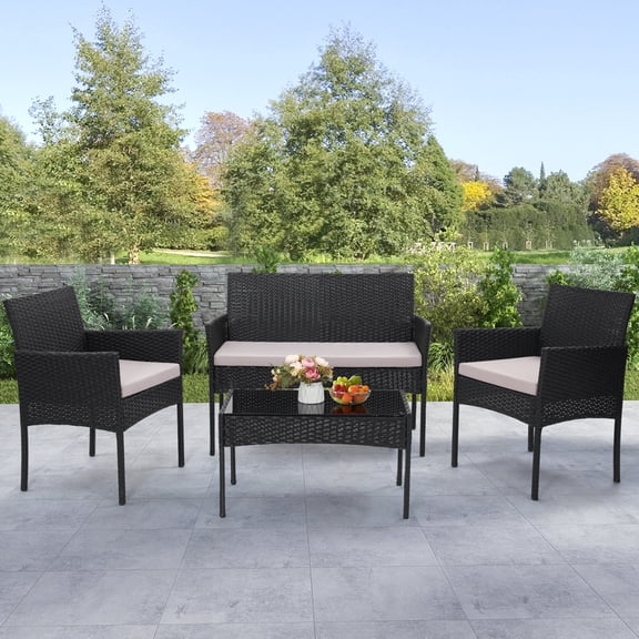 Skandiquip 4 Piece Patio Furniture Set, Porch Furniture Wicker Conversation Set with Coffee Table and 2 Arm Chairs, Washable Covers, Black
