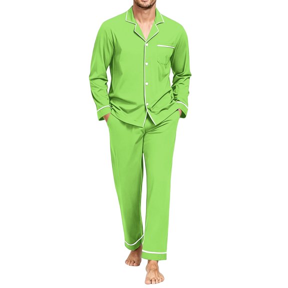 Delconic Mens Pajama Set Long Sleeve Button Front Sleepwear Set Loose Fit Top and Full Length Pants Loungewear Nightwear Fluorescent Green L