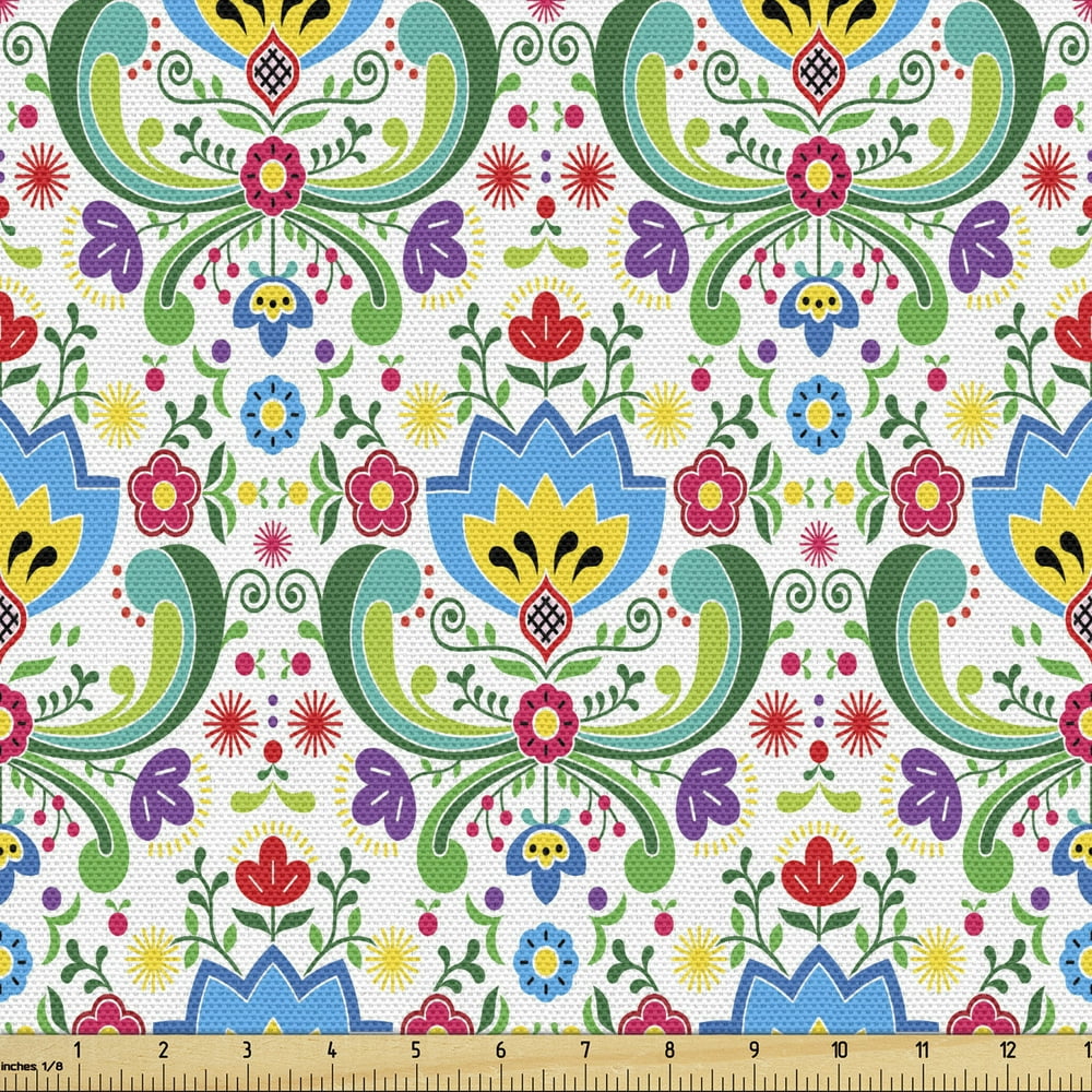 Norwegian Fabric by the Yard Colorful Pattern of European Folk Art Hues