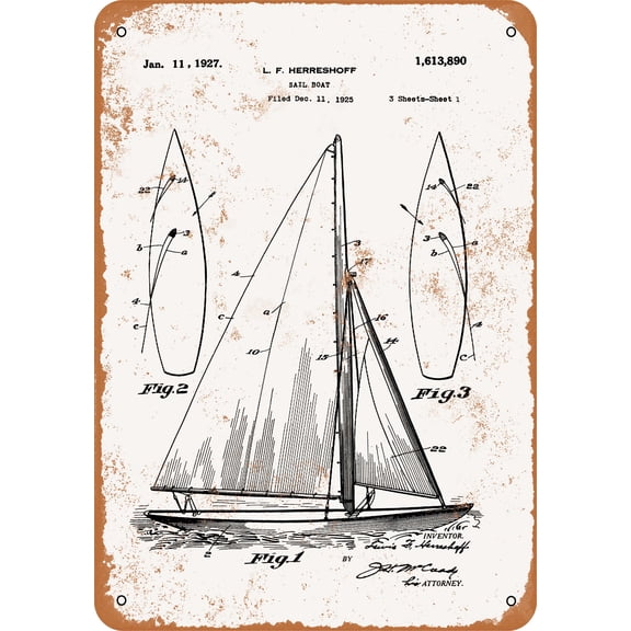 7 x 10 METAL SIGN - 1927 Sailboat Patent - Vintage Rusty Look