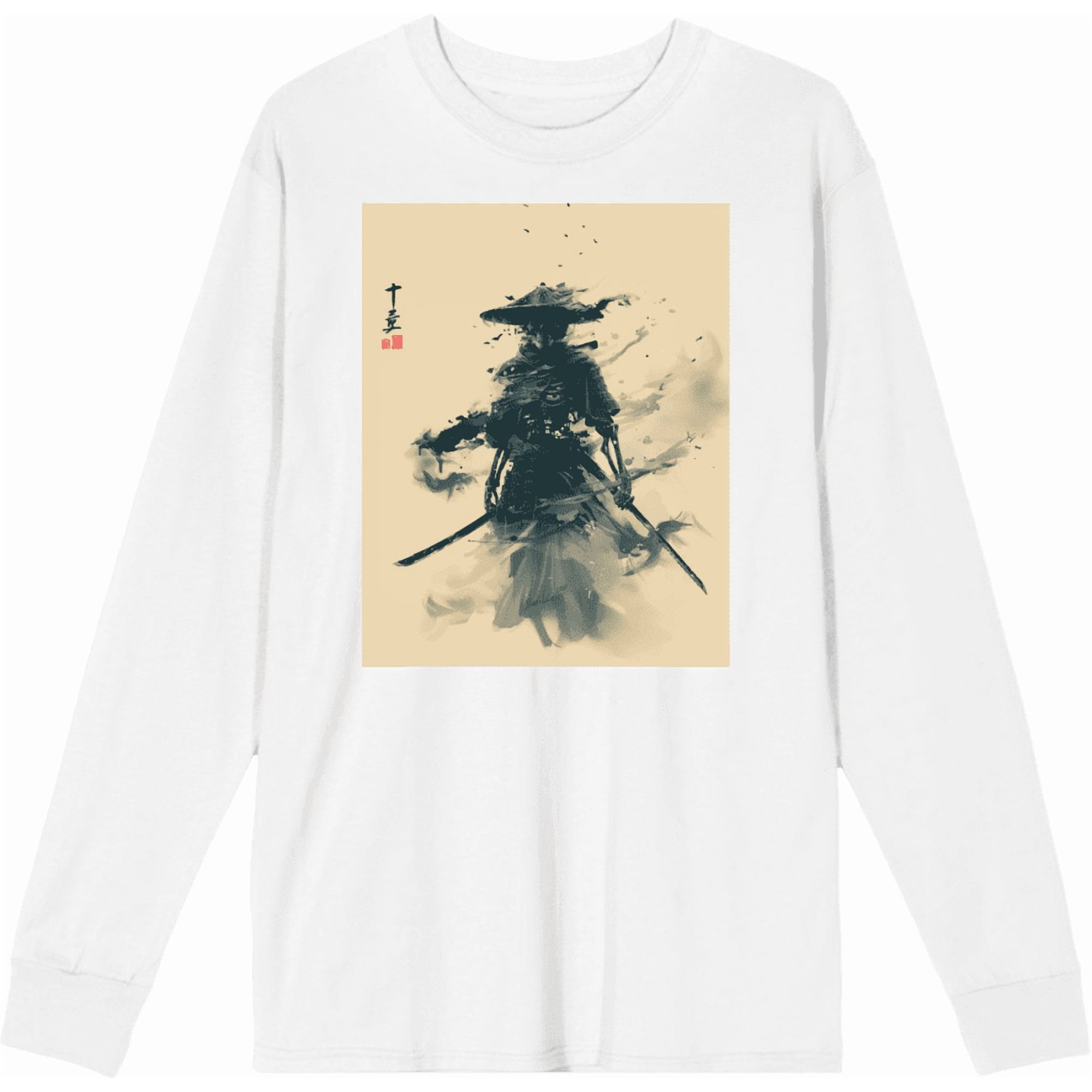 Ronin Samurai Skeleton Adult White Crew Neck Long Sleeve Tee-XXL