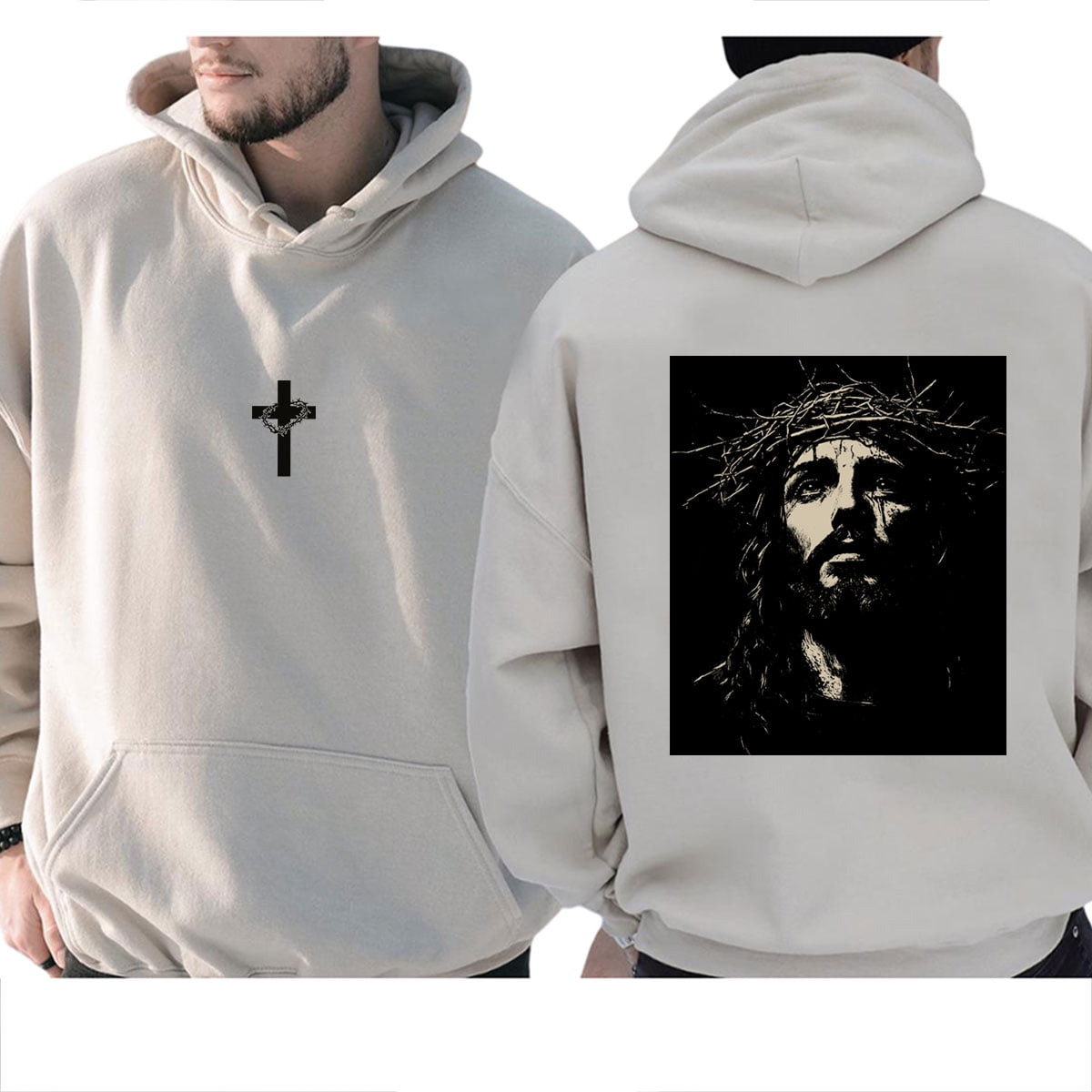 Jesus Crown of Thorns Double-Sided Christian Unises Pullover Hoodie, Faith-Based Religious Hooded Sweatshirt for Men and Women, Sizes S–5XL