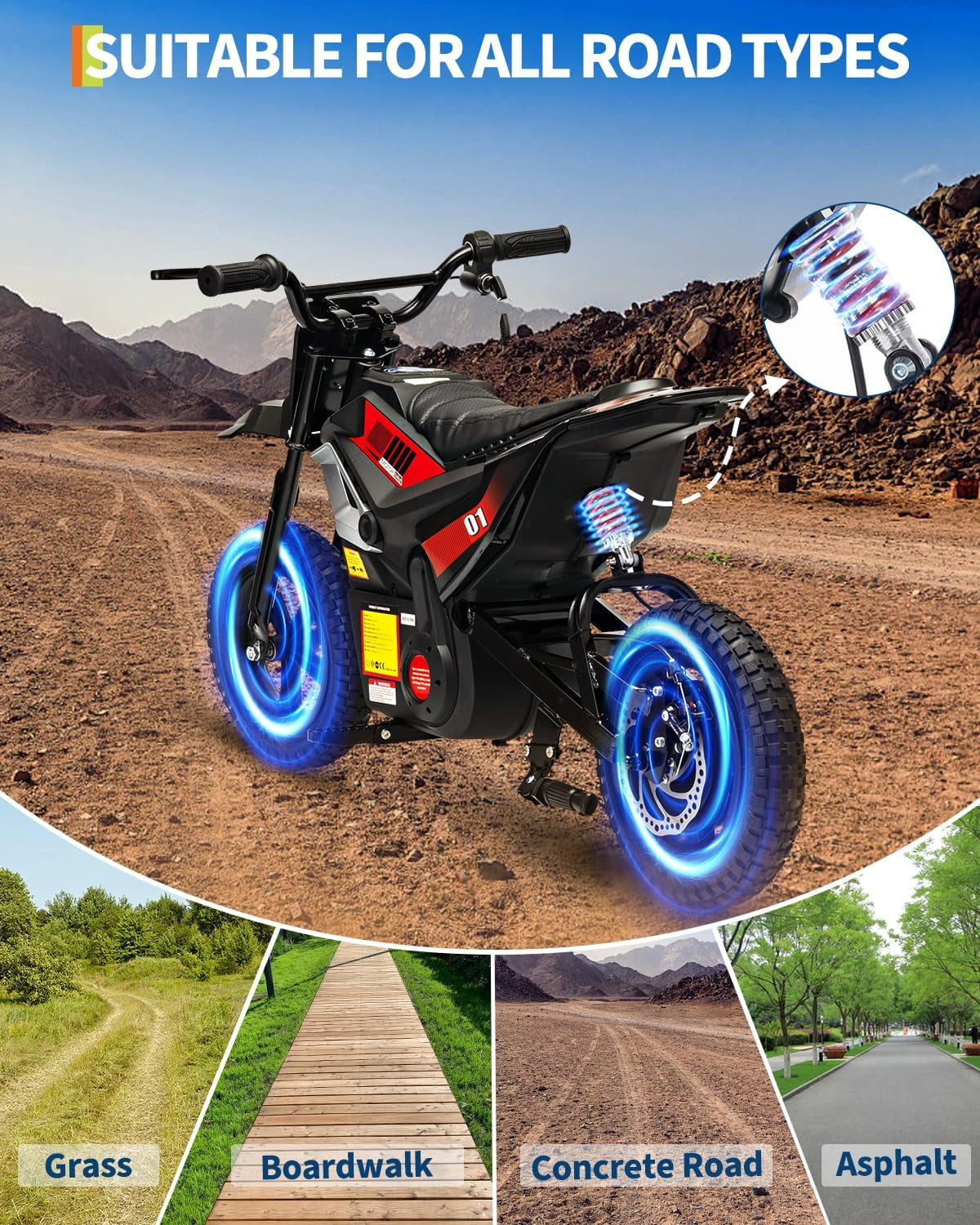 Rugerasy 24V Electric Dirt Bike,Ride on Motorcycle with Rear Wheel Suspension,12 Miles Range,Twist Grip Throttle,Rubber Tire,Birthday & Xmas Gifts,Black