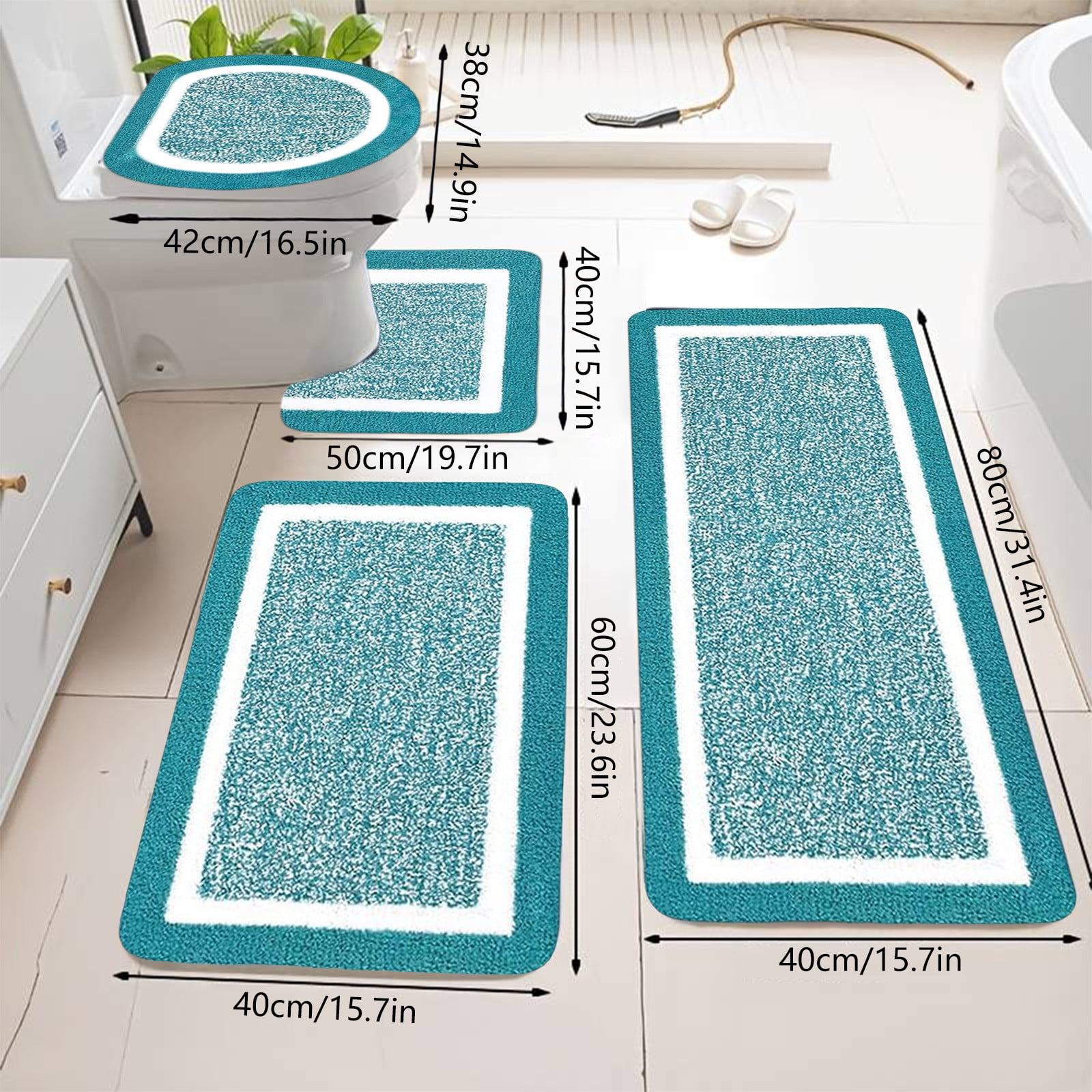 Tuvgenk Absorbent Bathroom Rugs Set Non Slip 4 Piece Toilet Rugs Large U Shaped Teal Bathroom Floor Mats for Shower