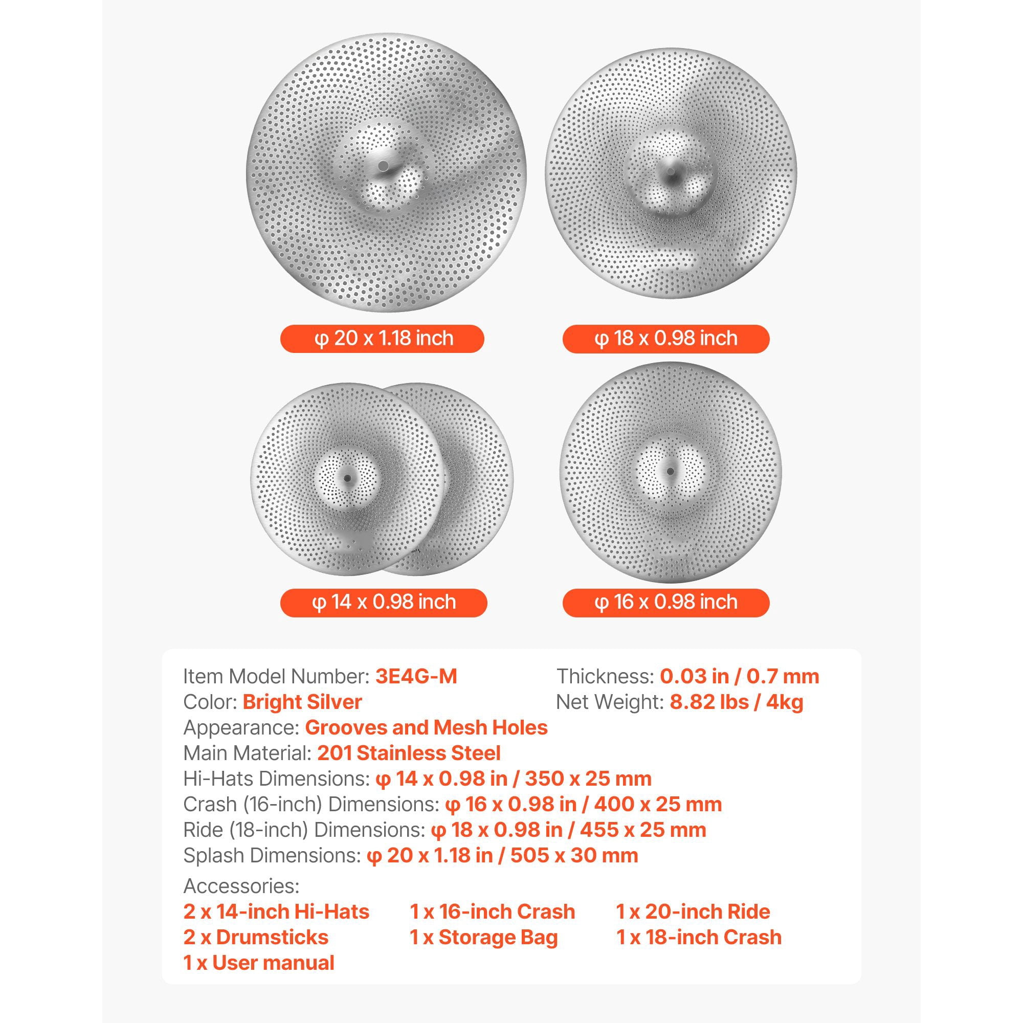 4-Piece Low Volume Cymbal Pack for Drum Set, Quiet Alloy Cymbals with 14-inch Hi-Hat, 16-inch Crash, 18-inch Crash, 20-inch Ride, Includes Drumsticks and Carry Bag for Practice or Performance