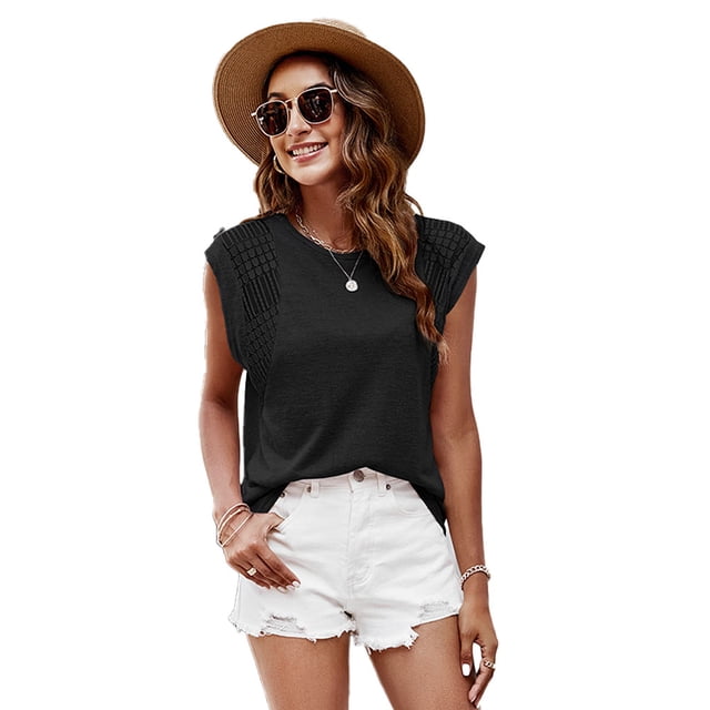Dinheiro Camisetas informales con manga casquillo para mujer Tops básicos de verano Blusa suelta con manga de murciélago (negro), 2XL,