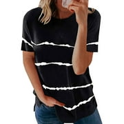 TWZH Women Casual Striped Tie-Dye Print Crew Neck Short Sleeve T-Shirt