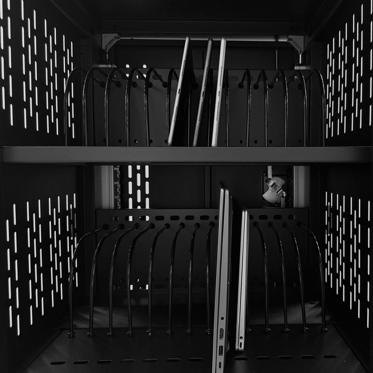 Mobile 32-Bay School Charging Cart for Chromebooks and Laptops, Locking Station with Power Strip for Classroom Use, Black