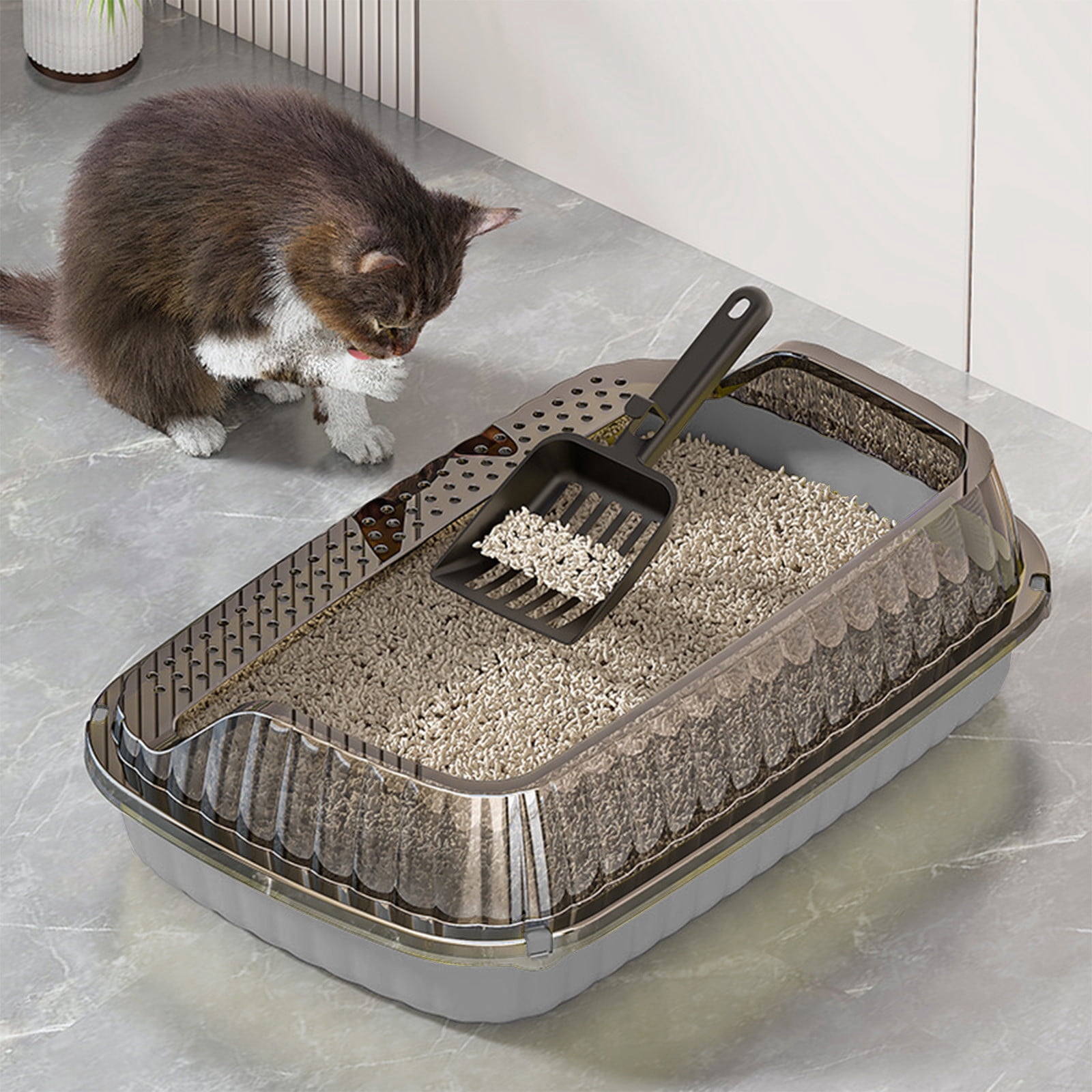 LEFTHIGH Home Semi Enclosed High Side Cat Litter Box 18.9x12.6x4.7 Inch with Splash Proof Design for Large Cats Includes Shovel Yellow Green Light Yellow Gray Room Decor