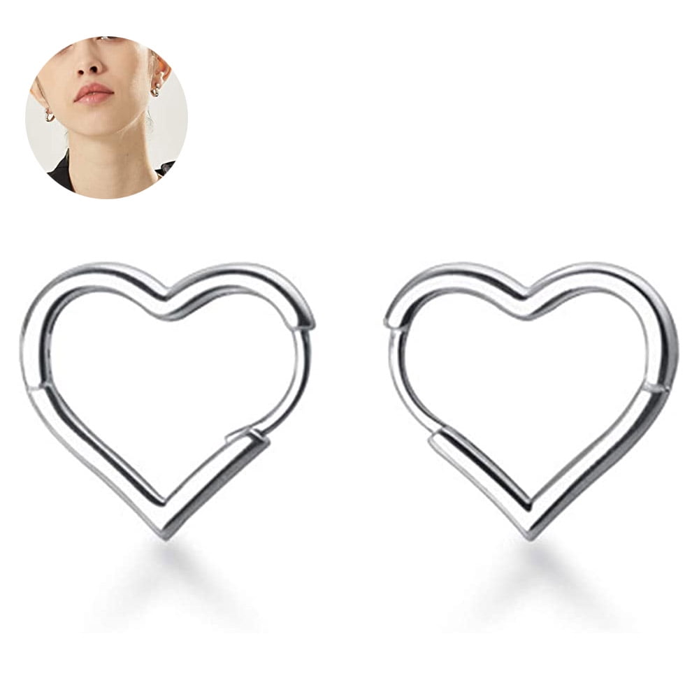 Pair of Heart Dangle 3mm Wide Hoop Steel Hinge Earrings 